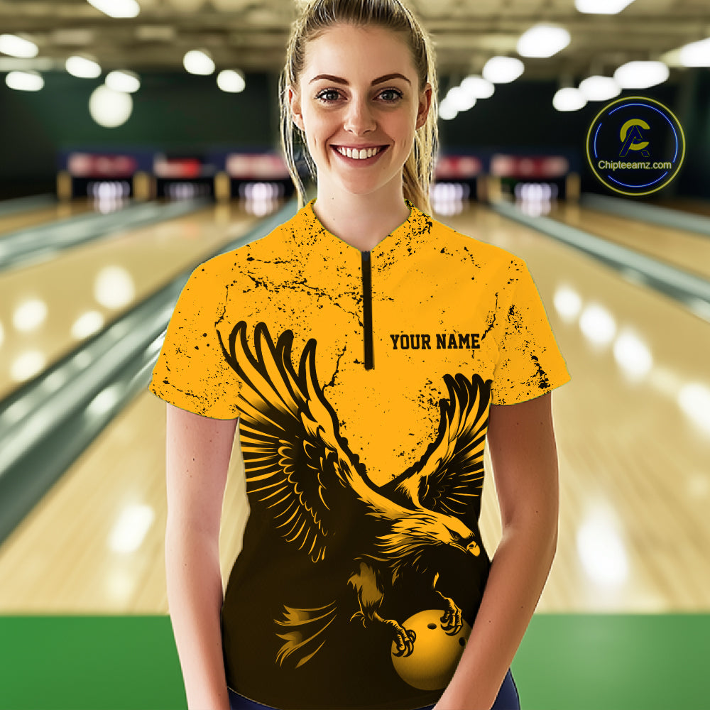 Custom Amber Orange Eagle Bowling Women Quarter-Zip, Grunge Bowling Jersey Team Uniform IPHW12712