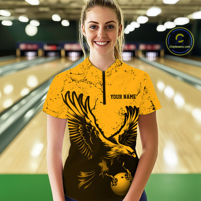 Custom Amber Orange Eagle Bowling Women Quarter-Zip, Grunge Bowling Jersey Team Uniform IPHW12712