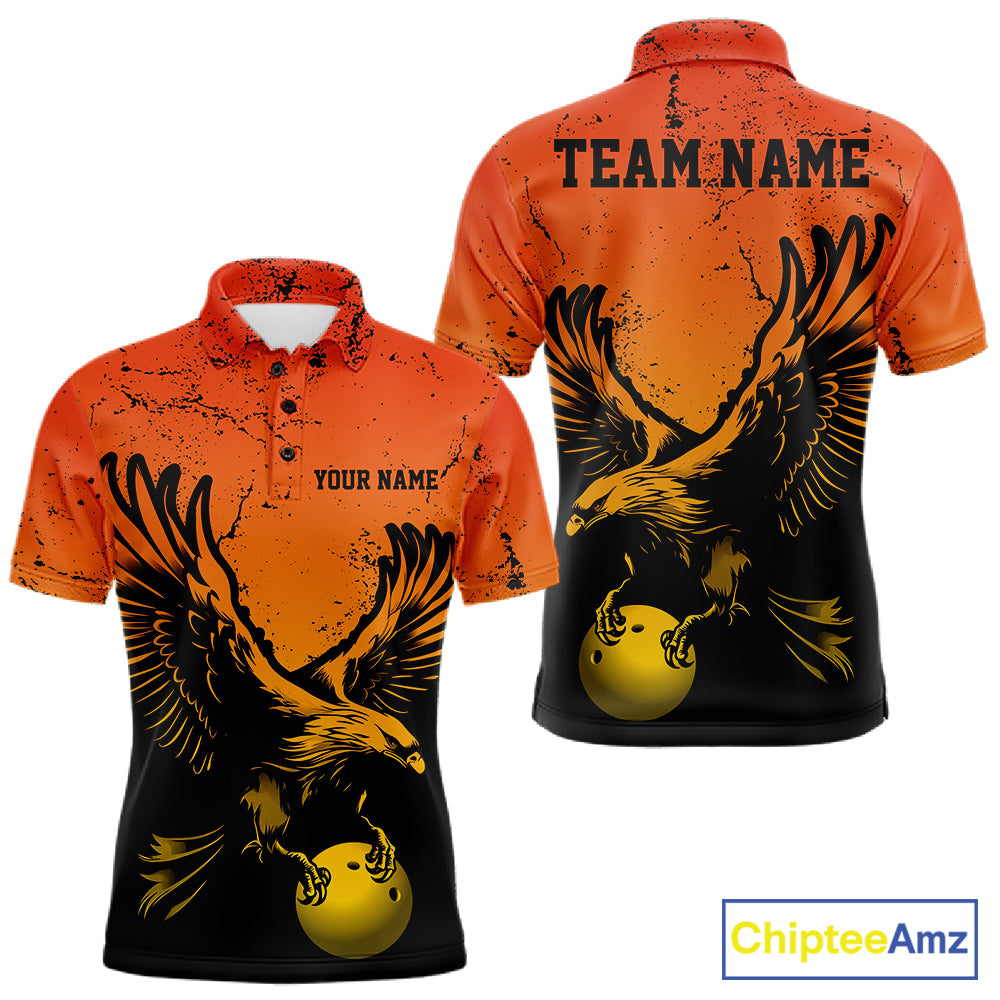 Custom Orange And Yellow Eagle Bowling Men Polo, Grunge Bowling Jersey Team Uniform IPHW12713