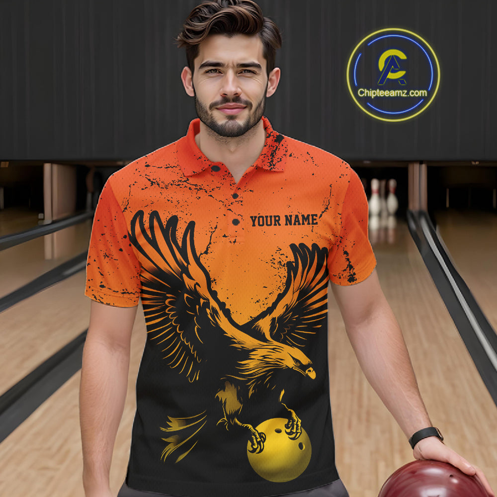 Custom Orange And Yellow Eagle Bowling Men Polo, Grunge Bowling Jersey Team Uniform IPHW12713