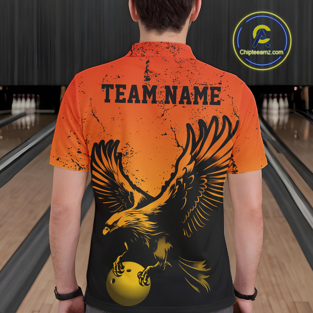 Custom Orange And Yellow Eagle Bowling Men Polo, Grunge Bowling Jersey Team Uniform IPHW12713