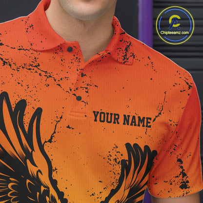 Custom Orange And Yellow Eagle Bowling Men Polo, Grunge Bowling Jersey Team Uniform IPHW12713