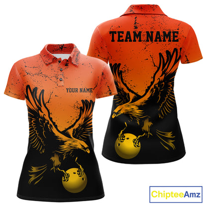 Custom Orange And Yellow Eagle Bowling Women Polo, Grunge Bowling Jersey Team Uniform IPHW12713