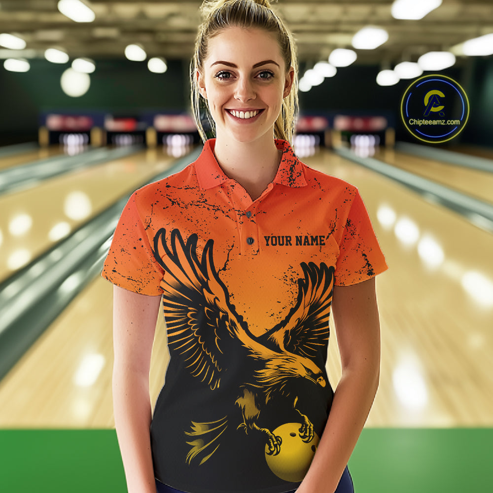 Custom Orange And Yellow Eagle Bowling Women Polo, Grunge Bowling Jersey Team Uniform IPHW12713