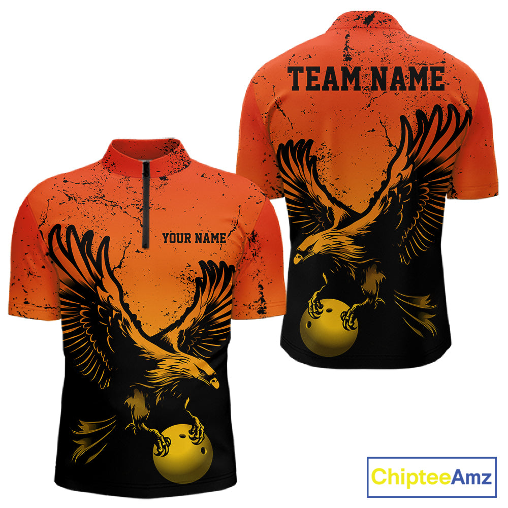 Custom Orange And Yellow Eagle Bowling Men Quarter Zip, Grunge Bowling Jersey Team Uniform IPHW12713
