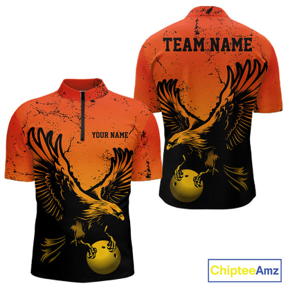 Custom Orange And Yellow Eagle Bowling Men Quarter Zip, Grunge Bowling Jersey Team Uniform IPHW12713