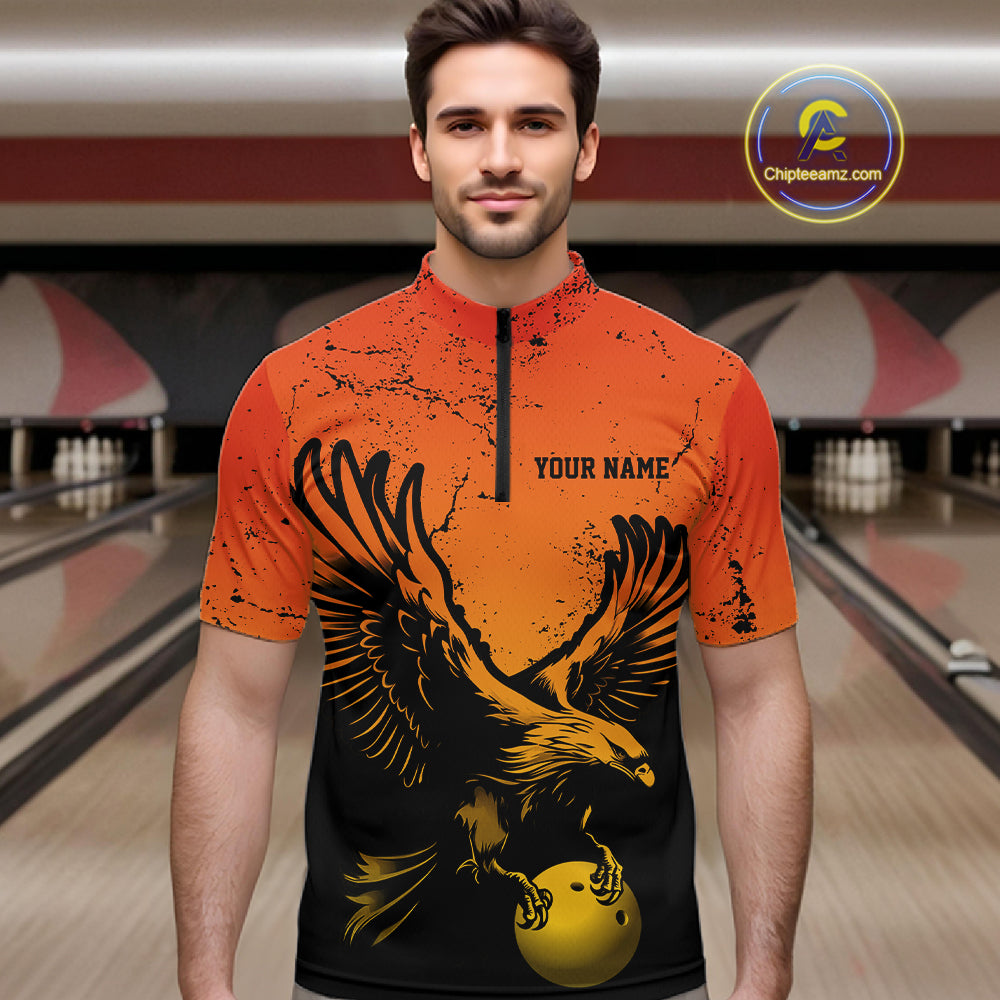 Custom Orange And Yellow Eagle Bowling Men Quarter Zip, Grunge Bowling Jersey Team Uniform IPHW12713