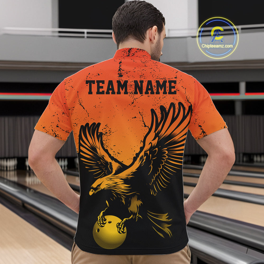 Custom Orange And Yellow Eagle Bowling Men Quarter Zip, Grunge Bowling Jersey Team Uniform IPHW12713