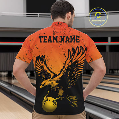 Custom Orange And Yellow Eagle Bowling Men Quarter Zip, Grunge Bowling Jersey Team Uniform IPHW12713