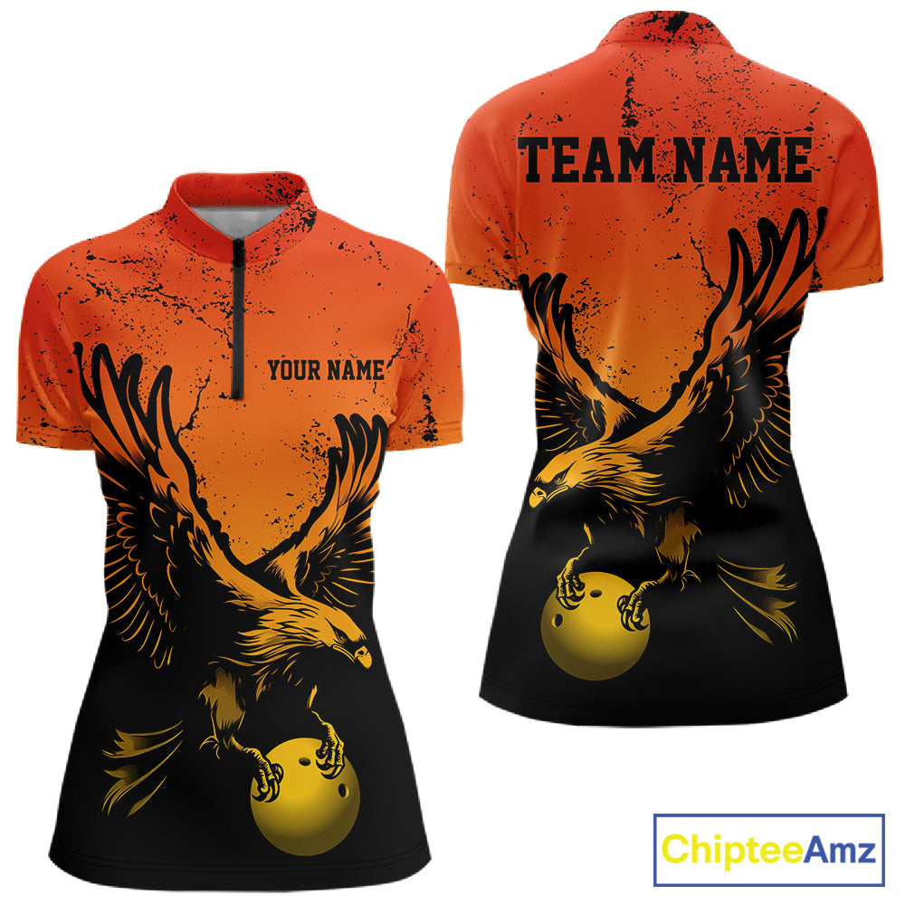 Custom Orange Yellow Eagle Bowling Women Quarter-Zip, Grunge Bowling Jersey Team Uniform IPHW12713