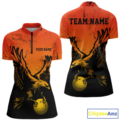 Custom Orange Yellow Eagle Bowling Women Quarter-Zip, Grunge Bowling Jersey Team Uniform IPHW12713