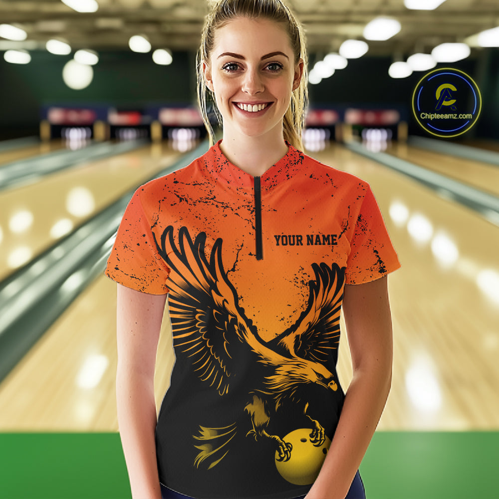 Custom Orange Yellow Eagle Bowling Women Quarter-Zip, Grunge Bowling Jersey Team Uniform IPHW12713