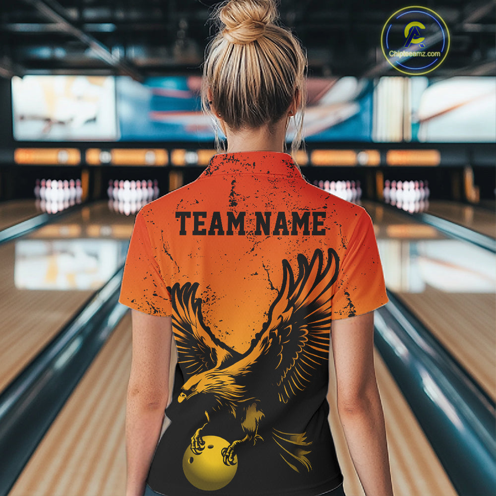 Custom Orange Yellow Eagle Bowling Women Quarter-Zip, Grunge Bowling Jersey Team Uniform IPHW12713