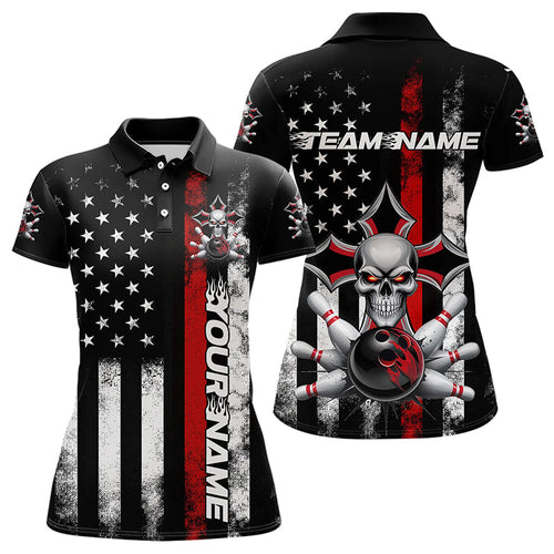 Red Thin Line US Flag Patriotic Bowling Custom Faith Skull Bowling Polo Shirts For Women IPHW8190