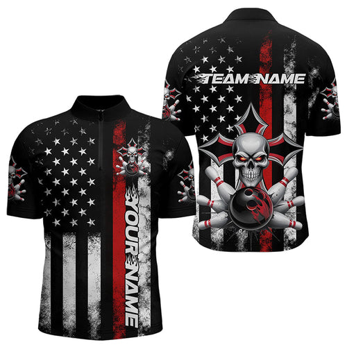 Red Thin Line US Flag Patriotic Bowling Custom Faith Skull Bowling Quarter-Zip Shirts For Men IPHW8190