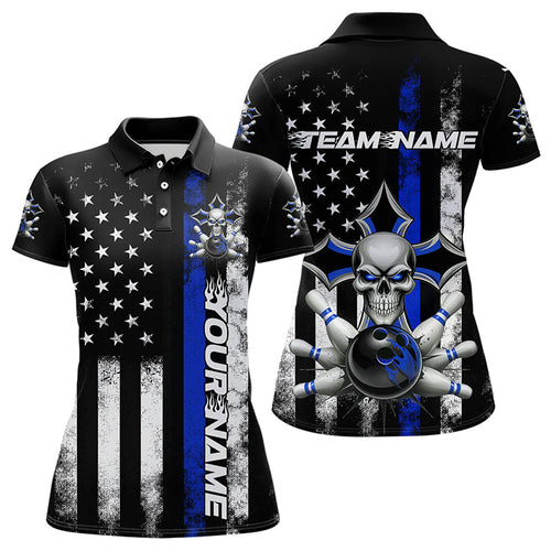 Blue Thin Line US Flag Patriotic Bowling Custom Faith Skull Bowling Polo Shirts For Women IPHW8191