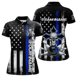 Blue Thin Line US Flag Patriotic Bowling Custom Faith Skull Bowling Polo Shirts For Women IPHW8191