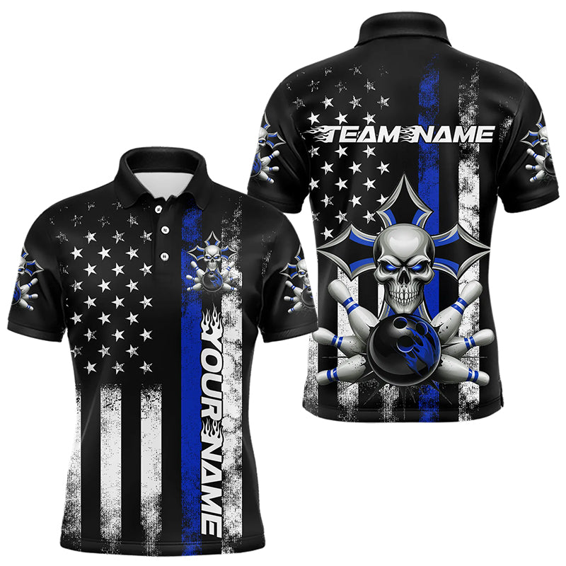 Blue Thin Line US Flag Patriotic Bowling Custom Faith Skull Bowling Polo Shirts For Men IPHW8191