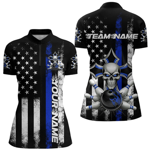 Blue Thin Line US Flag Bowling Custom Faith Skull Womens Bowling Quarter-Zip Shirts IPHW8191