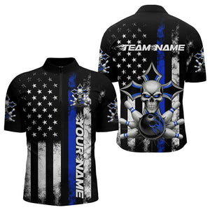 Blue Thin Line US Flag Patriotic Bowling Custom Faith Skull Bowling Quarter-Zip Shirts For Men IPHW8191