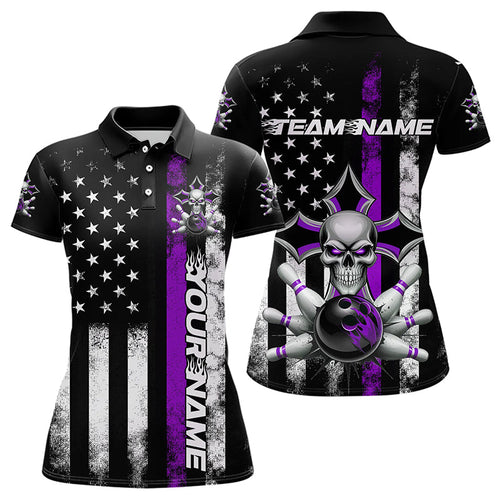 Purple Thin Line US Flag Patriotic Bowling Custom Faith Skull Bowling Polo Shirts For Women IPHW8192