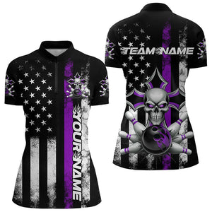 Purple Thin Line US Flag Patriotic Custom Faith Skull Womens Bowling Quarter-Zip Shirts IPHW8192