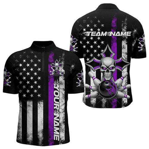 Purple Thin Line US Flag Patriotic Bowling Custom Faith Skull Bowling Quarter-Zip Shirts For Men IPHW8192