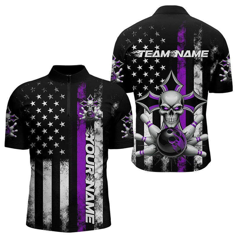 Purple Thin Line US Flag Patriotic Bowling Custom Faith Skull Bowling Quarter-Zip Shirts For Men IPHW8192