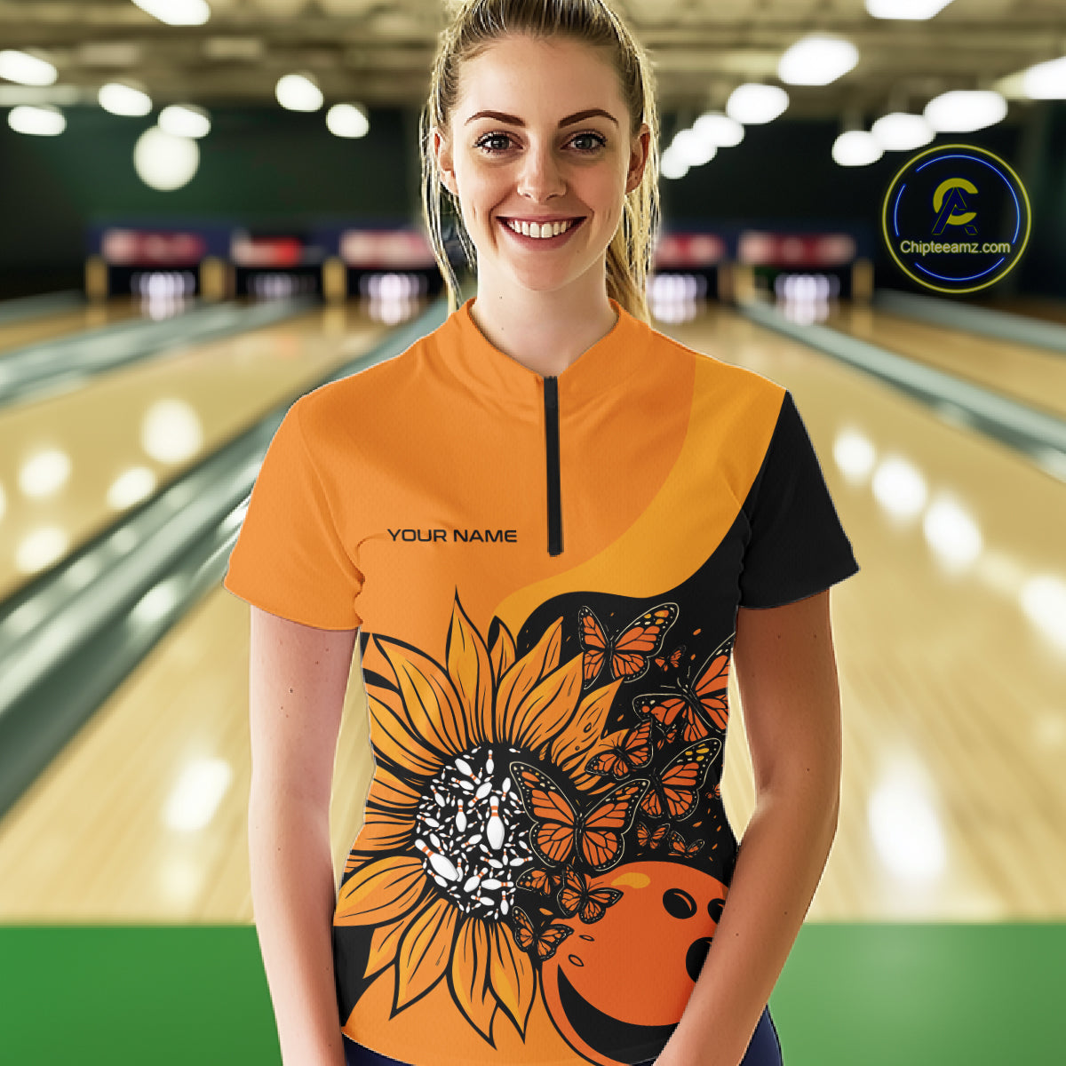 Custom Butterfly Sunflower Bowling Women Shirt, Sunflower Women Bowling Tournament Shirt IPHW10265