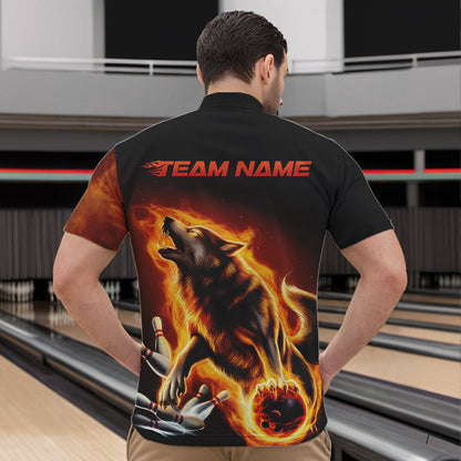 Custom Fire Flaming Wolf Bowling Quarter-Zip Shirts For Men, Wolf Bowling Tournament Shirt IPHW8427