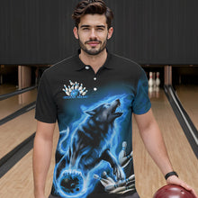 Load image into Gallery viewer, Custom Blue Fire Flaming Wolf Bowling Polo Shirts For Men, Wolf Bowling Tournament Shirt IPHW8429