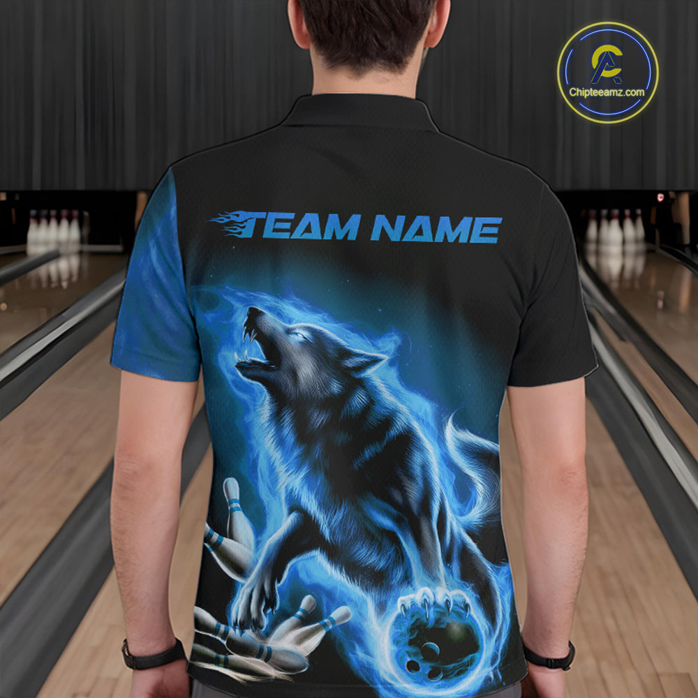 Custom Blue Fire Flaming Wolf Bowling Polo Shirts For Men, Wolf Bowling Tournament Shirt IPHW8429
