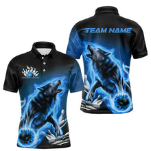 Load image into Gallery viewer, Custom Blue Fire Flaming Wolf Bowling Polo Shirts For Men, Wolf Bowling Tournament Shirt IPHW8429