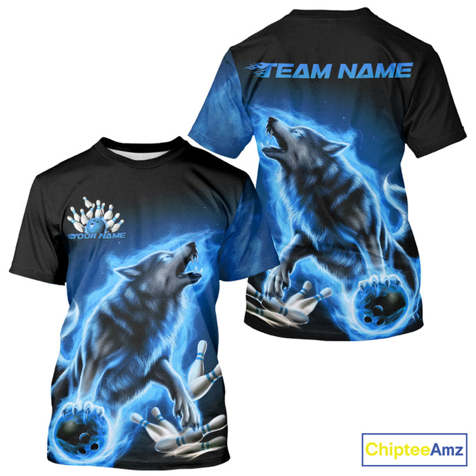 Custom Blue Fire Flaming Wolf Bowling T-Shirts For Men, Wolf Bowling Tournament IPHW8429