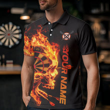 Load image into Gallery viewer, Custom Black And Orange Flame Skull Dart Polo Shirts For Men, Fire Dart Bowling Team Shirts IPHW8434