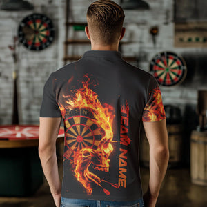 Custom Black And Orange Flame Skull Dart Polo Shirts For Men, Fire Dart Bowling Team Shirts IPHW8434