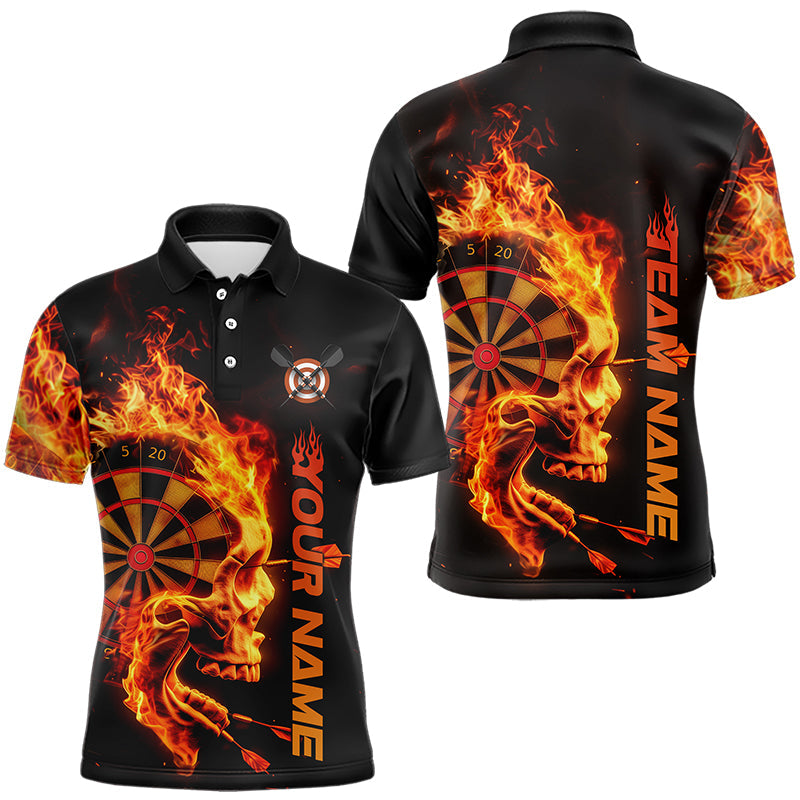 Custom Black And Orange Flame Skull Dart Men Polo Shirts, Halloween Dart Team Outfit IPHW8434