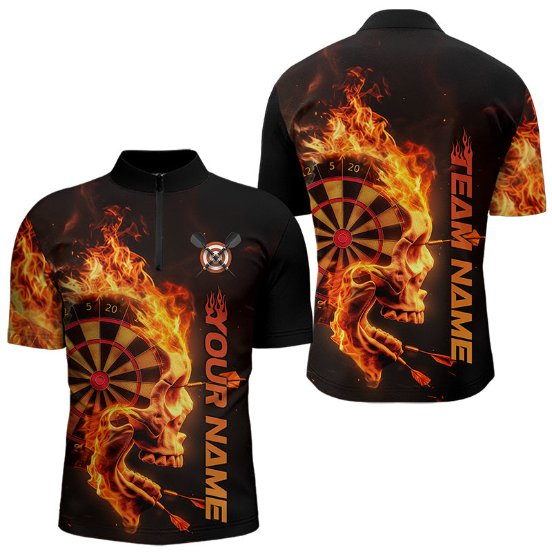 Custom Black And Orange Flame Skull Dart Men Quarter-Zip Shirts, Halloween Dart Team Outfit IPHW8434