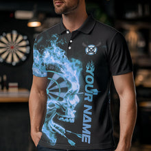 Load image into Gallery viewer, Custom Black And Blue Flame Skull Dart Men Polo Shirts, Halloween Dart Team Outfit IPHW8435