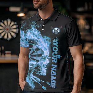 Custom Black And Blue Flame Skull Dart Polo Shirts For Men, Fire Dart Bowling Team Shirts IPHW8435