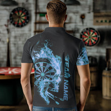 Load image into Gallery viewer, Custom Black And Blue Flame Skull Dart Men Polo Shirts, Halloween Dart Team Outfit IPHW8435