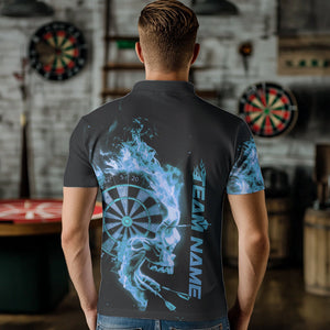 Custom Black And Blue Flame Skull Dart Polo Shirts For Men, Fire Dart Bowling Team Shirts IPHW8435