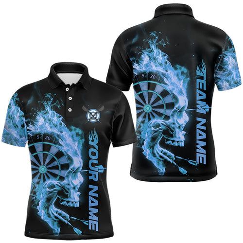 Custom Black And Blue Flame Skull Dart Polo Shirts For Men, Fire Dart Bowling Team Shirts IPHW8435