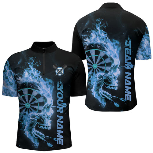 Custom Black And Blue Flame Skull Dart Quarter-Zip Shirts For Men, Fire Dart Bowling Team Shirts IPHW8435