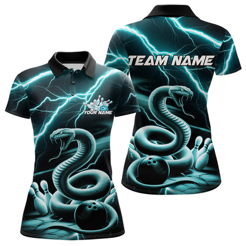 Custom Black And Blue Thunder Lightning Snake Bowling Polo Shirts For Women, Team Outfits IPHW8647