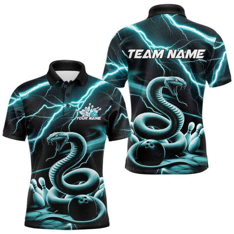 Custom Black And Blue Thunder Lightning Snake Bowling Polo Shirts For Men, Team Outfits IPHW8647