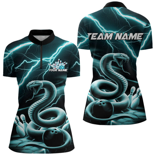 Custom Black And Blue Thunder Lightning Snake Womens Bowling Quarter-Zip Shirt, Team Outfit IPHW8647