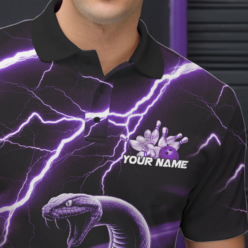 Custom Black And Purple Thunder Lightning Snake Bowling Polo Shirts For Men, Team Outfits IPHW8648