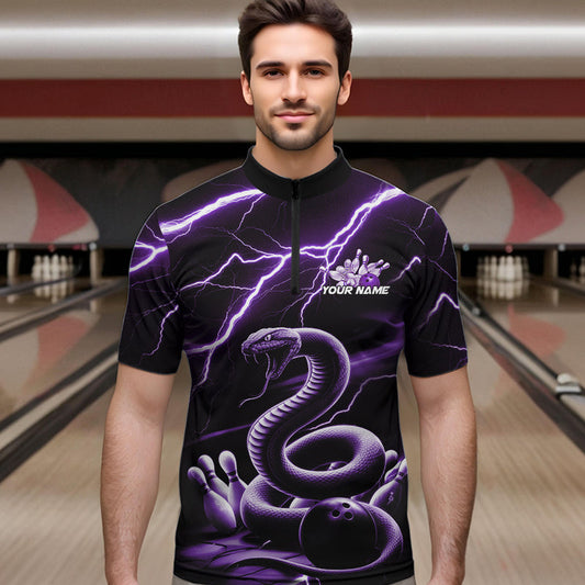 Custom Black And Purple Thunder Lightning Snake Bowling Quarter-Zip Shirts For Men, Team Outfits IPHW8648