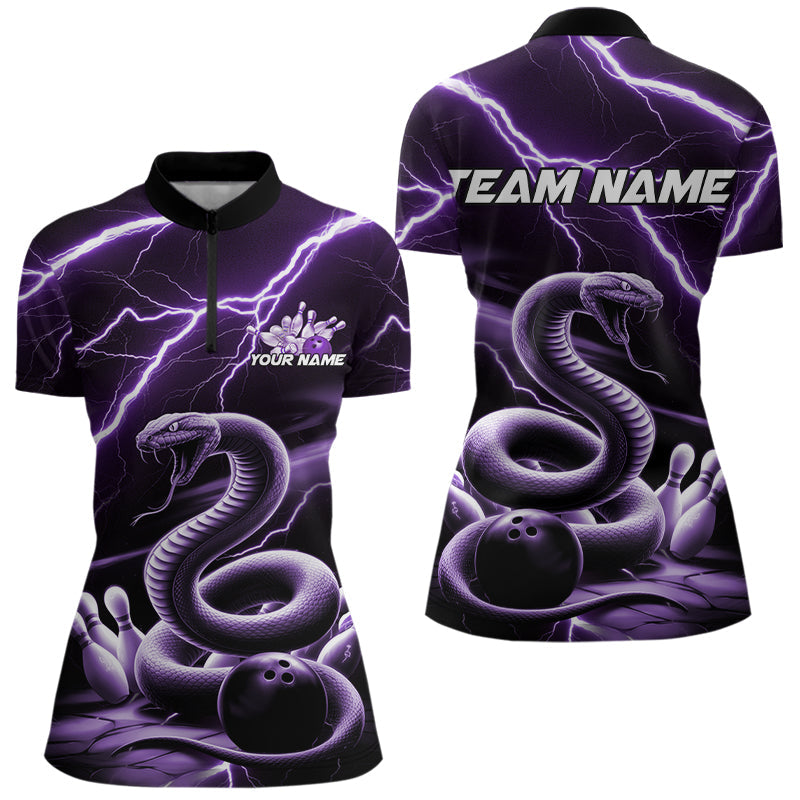 Custom Black And Purple Thunder Lightning Snake Bowling Team Quarter-Zip Shirts For Women IPHW8648